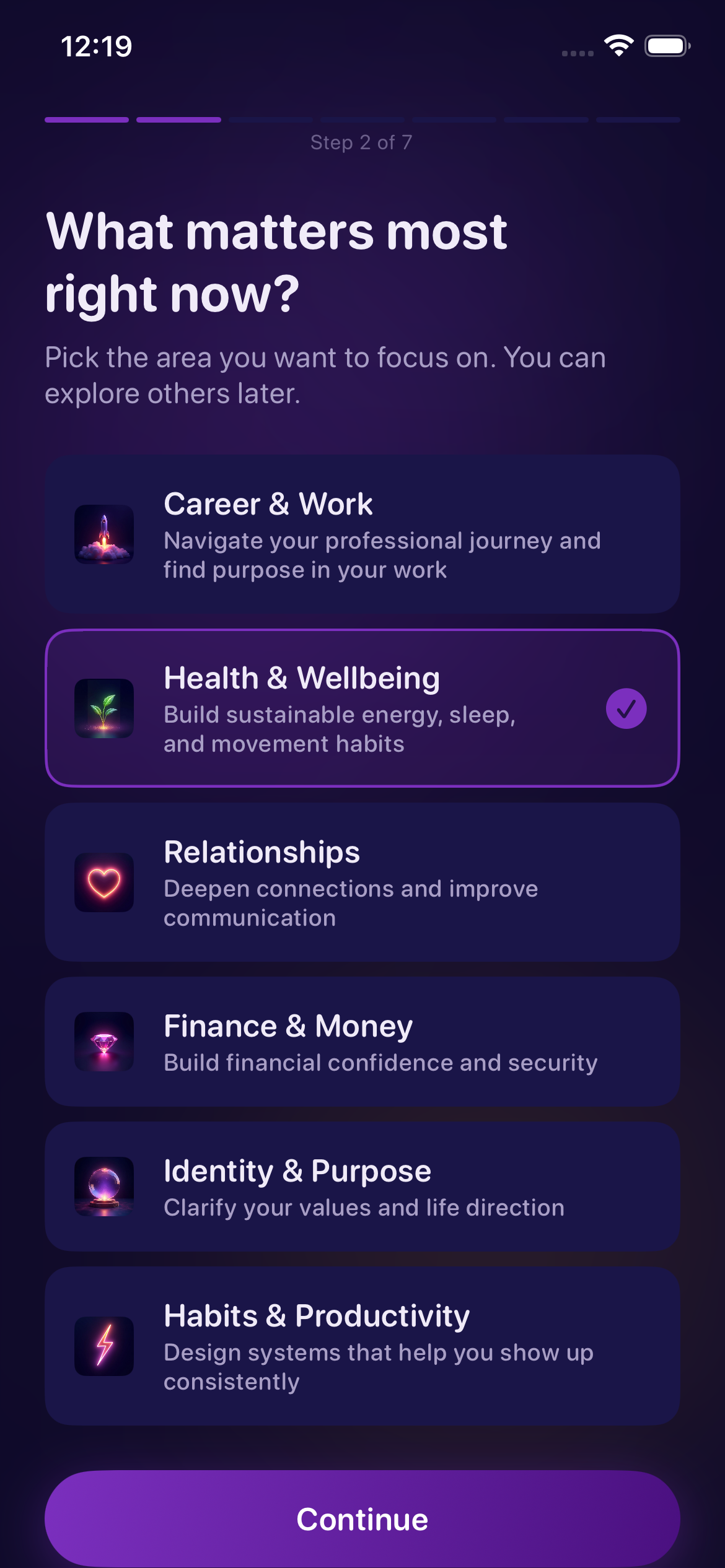 Focus Domains Selection Screen